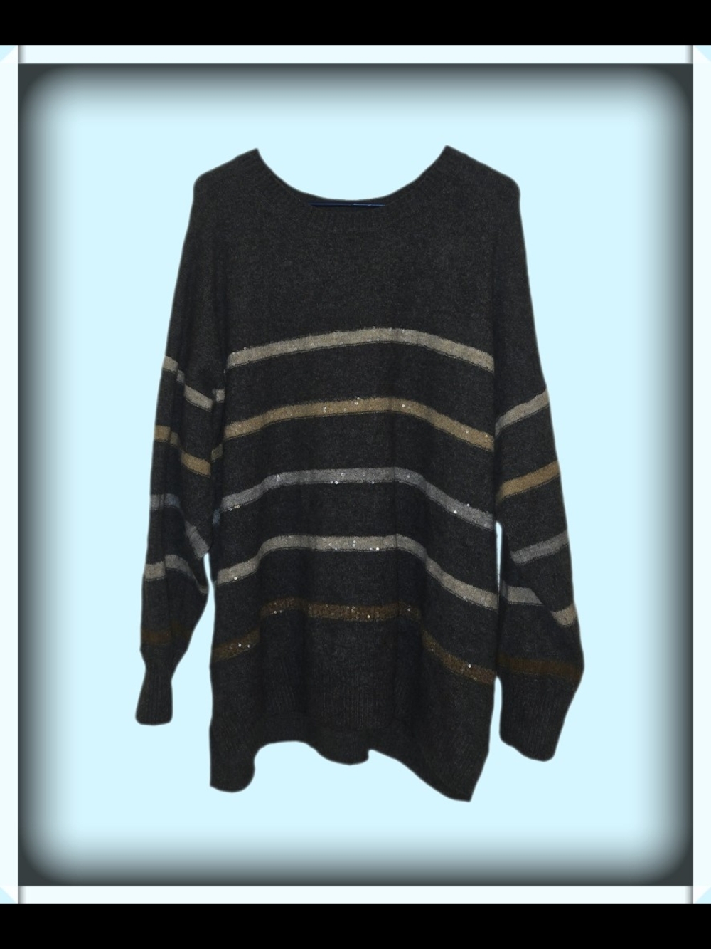 Women's Charcoal Striped Crewneck Sweater with Metallic Accents